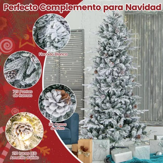 Árvore de Natal com neve articulada de 180 cm com 210 luzes brancas quentes 715 pontas de galhos mistos 36 pinhas Branco e verde