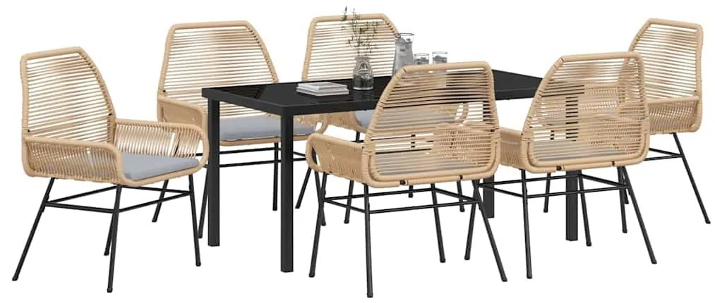 Conjunto de jantar de jardim com 7 peças e almofadas marrons de rattan