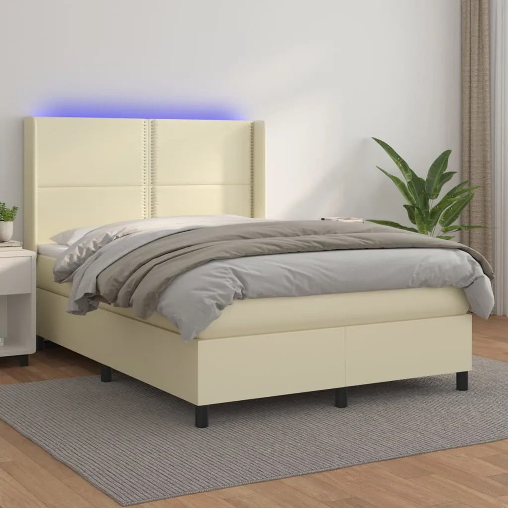 Cama box spring c/ colchão/LED 140x200cm couro artificial creme