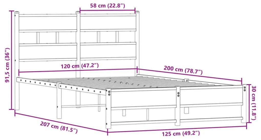 Estrutura de cama sem colchão 120x200 cm metal carvalho fumado