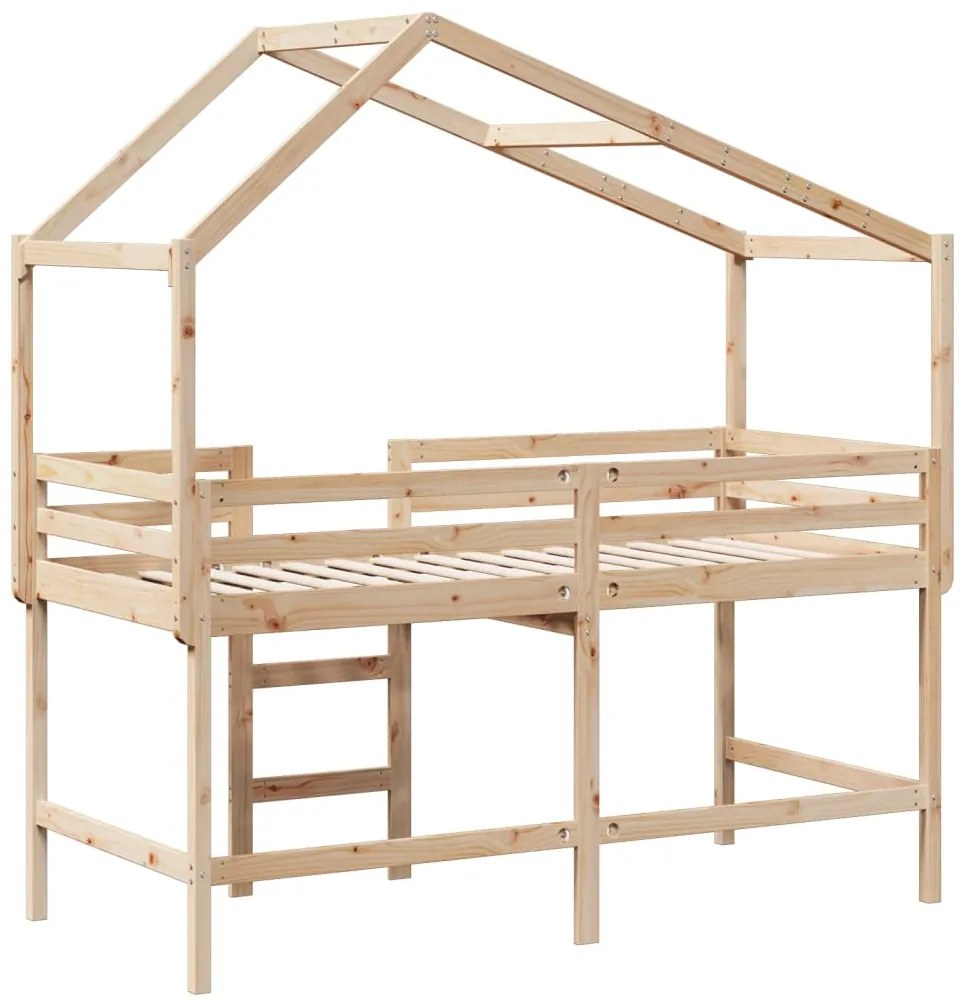 Cama alta c/ escada e telhado 90x190 cm pinho maciço