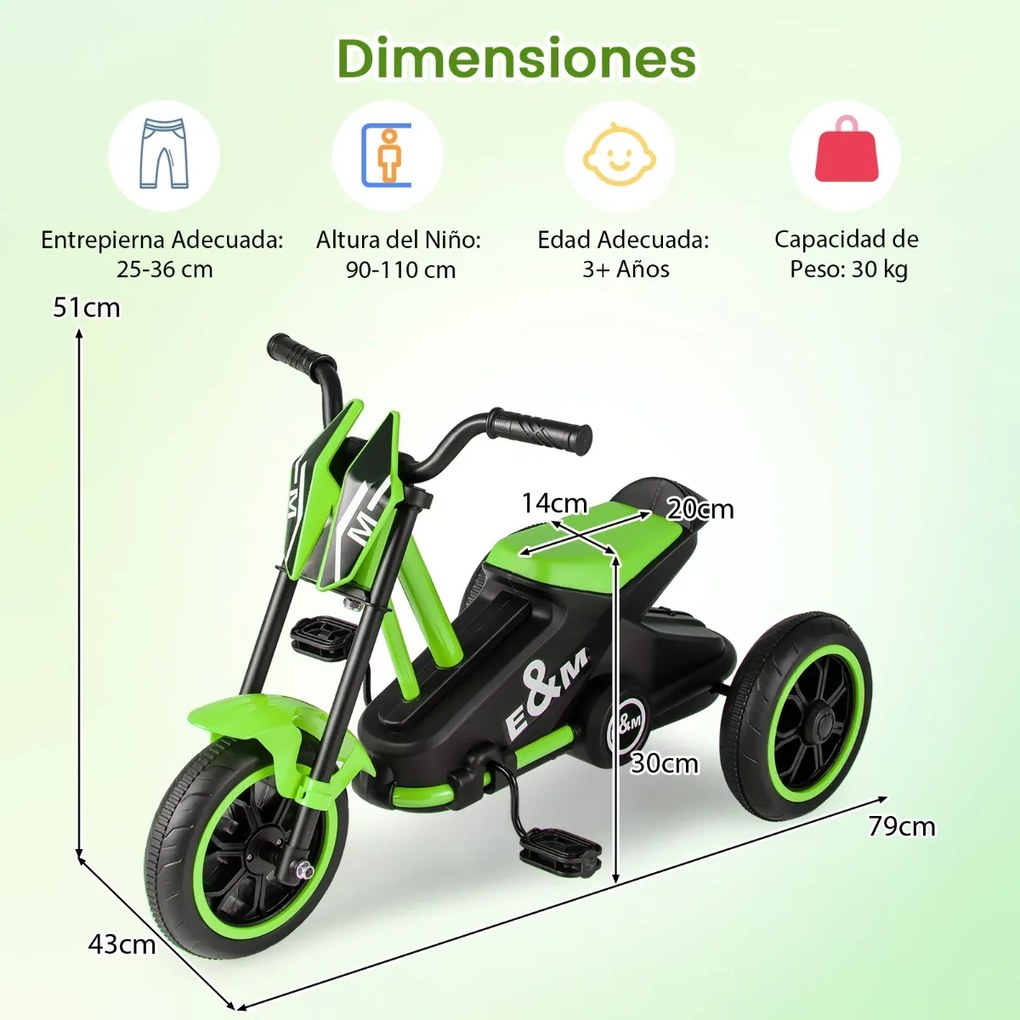 Triciclo para crianças de 3 rodas com pedais para frente/trás verde