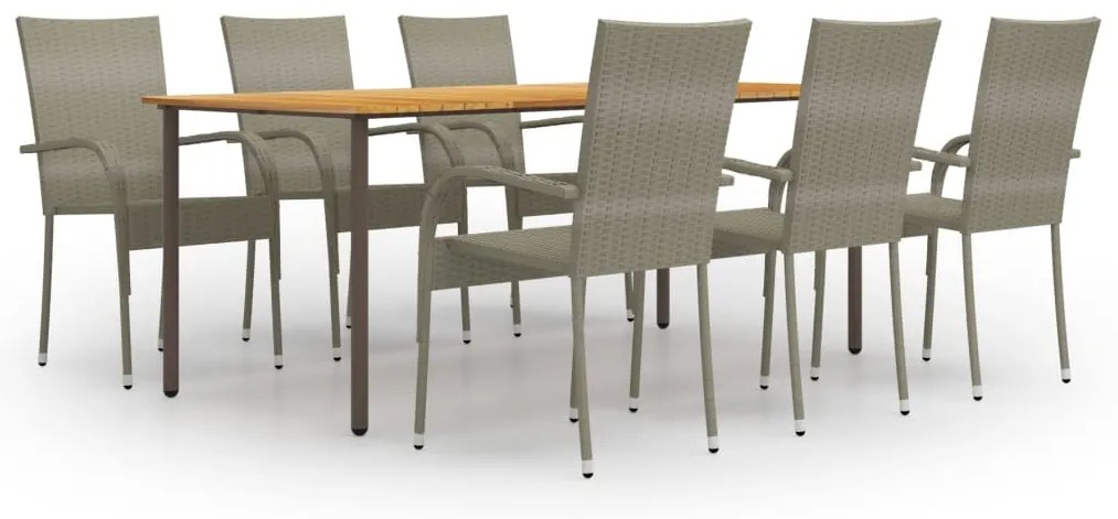 7 pcs conjunto de jantar para jardim vime PE cinzento