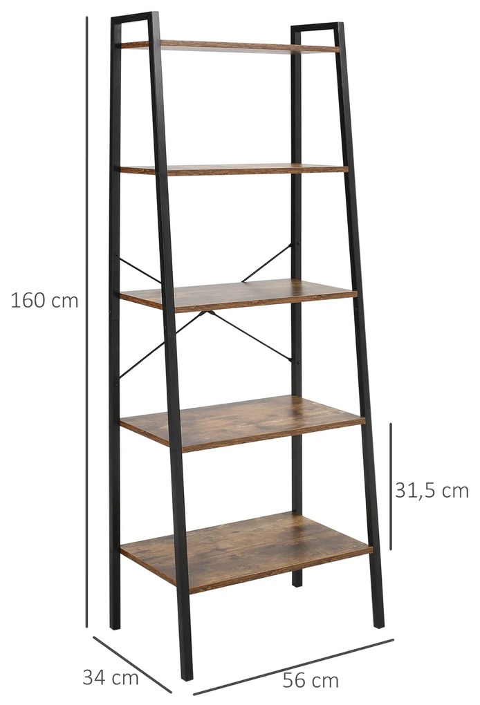 Estante de Estilo Industrial em Forma de Escada com 5 Prateleiras com Estrutura de Metal para Sala de Estar Dormitório Cozinha Escritório 56x34x160cm