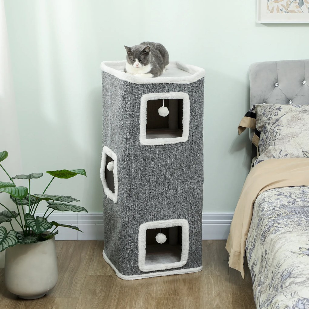 Torre para gatos de 4 níveis, árvore para gatos estável com bolas de brincar, plataforma superior com rebordo em pelúcia, 41 x 41 x 100 cm, cinzento