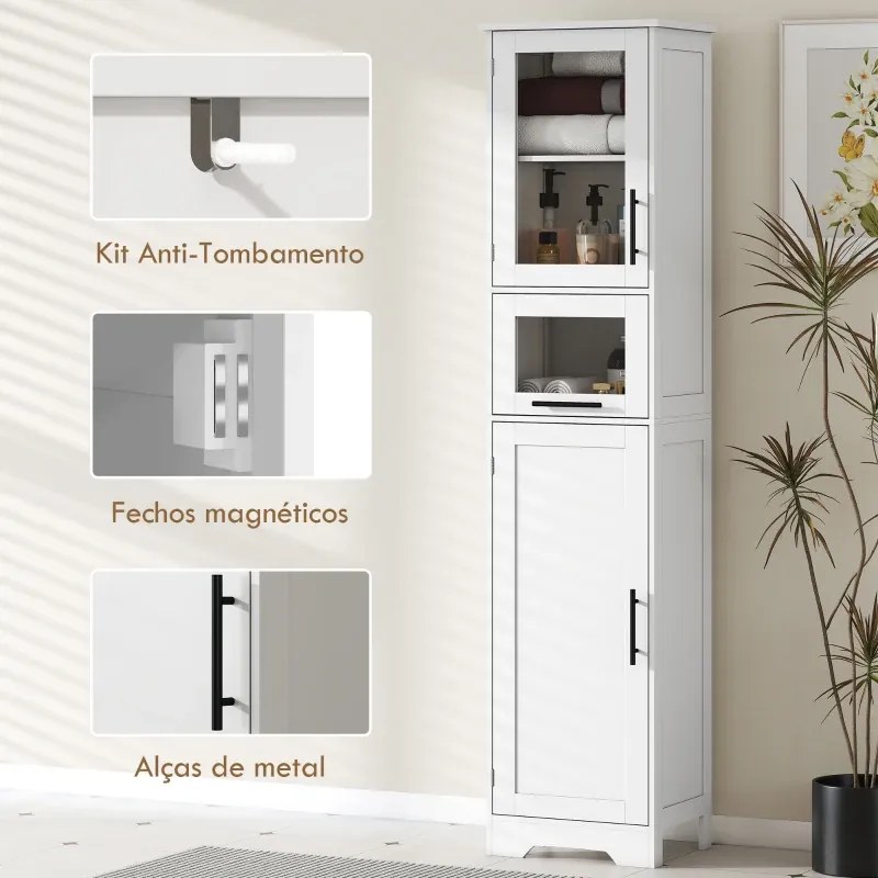 Coluna Casa de Banho com Porta de Vidro Prateleiras Ajustáveis Gaveta para Espaços Pequenos 40x31x170 cm Branco