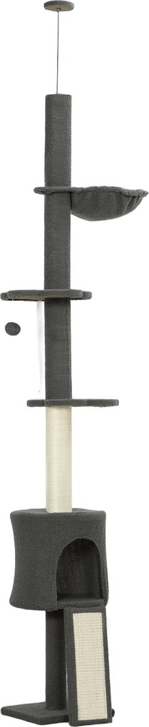 PawHut Árvore para Gatos de Teto Alta 220-240 cm com Rede, Casinha, Plataformas em Flor e Postes em Sisal, Cinza | Aosom Portugal