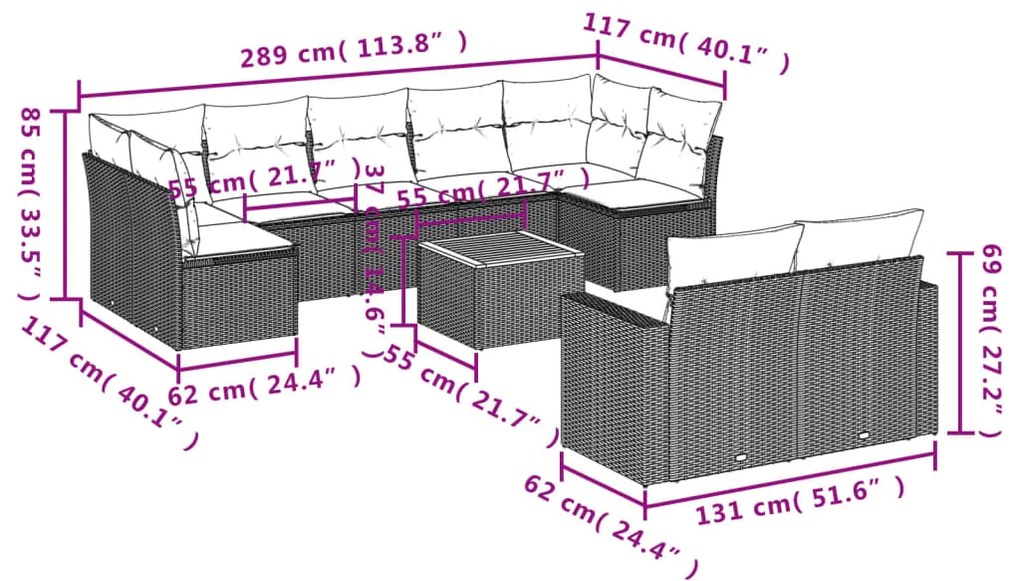 10 pcs conjunto de sofás p/ jardim com almofadões vime PE bege