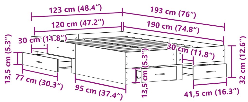 Cama com Gavetas vidaXL Madeira Velha 120x190 cm Madeira de Engenharia