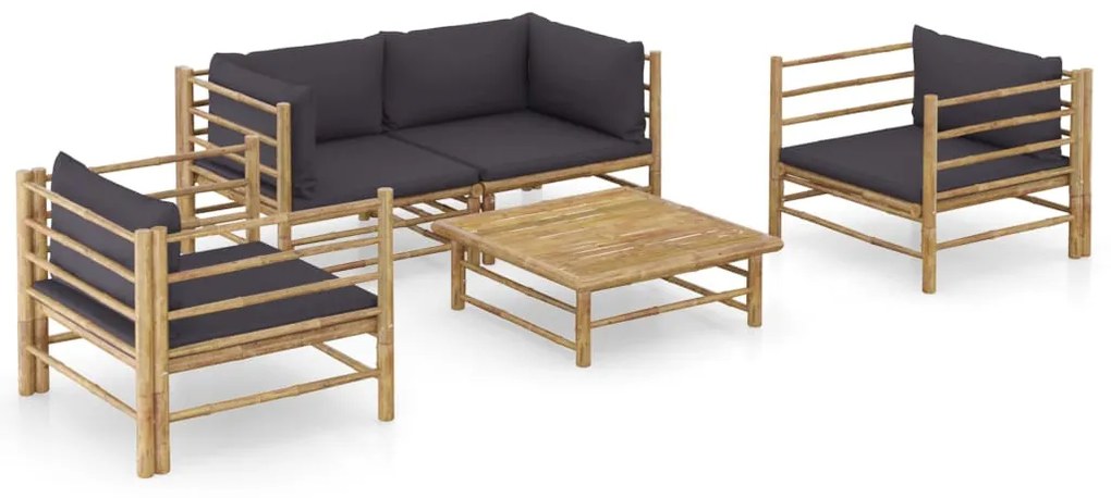 5 pcs conj. lounge jardim em bambu c/ almofadões cinza-escuro