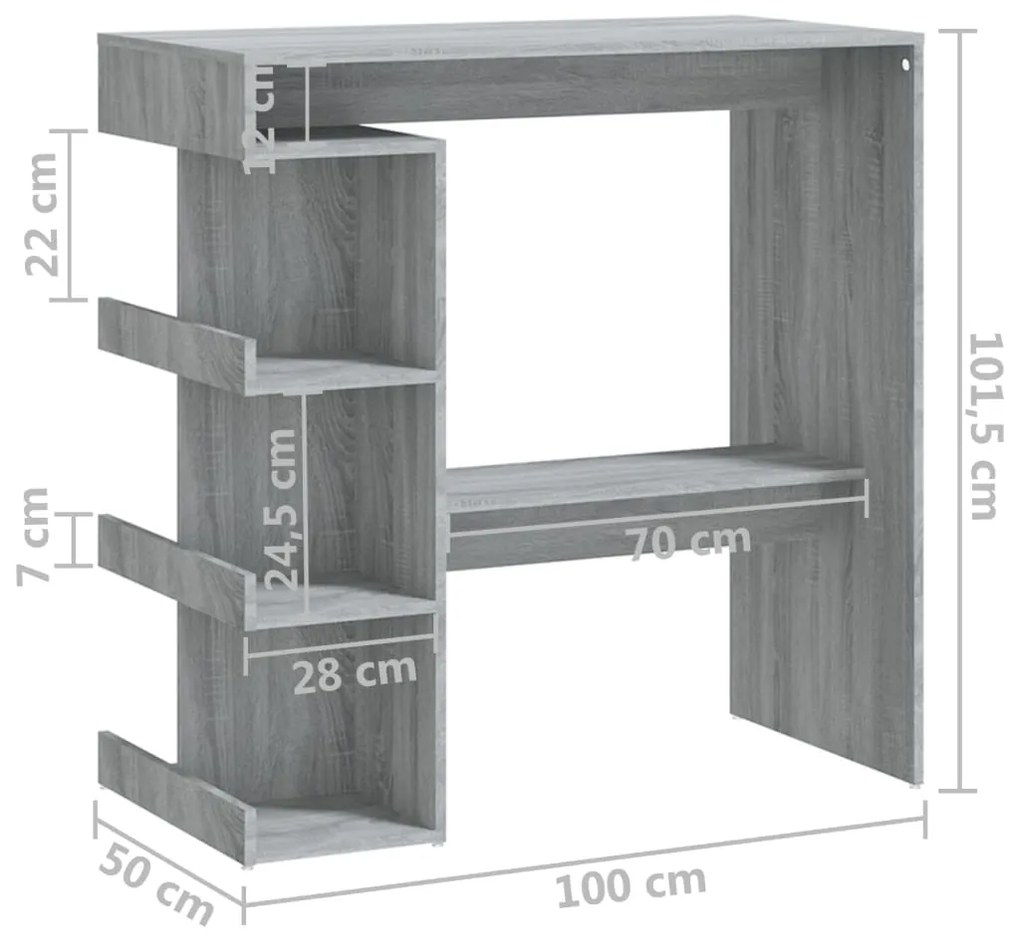 Mesa de bar c/ prateleiras 100x50x101,5cm carvalho sonoma cinza