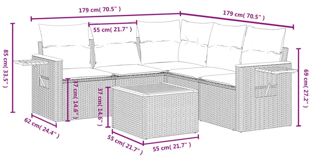 6 pcs conjunto de sofás p/ jardim com almofadões vime PE bege