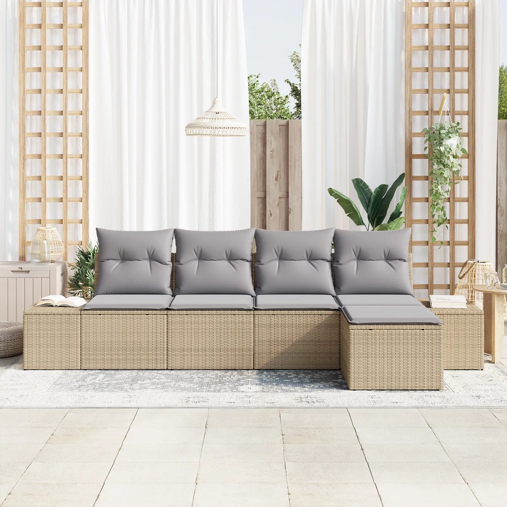 Conjunto de Sofá de Jardim de 5 Peças com Almofadas Bege em Rattan Sin