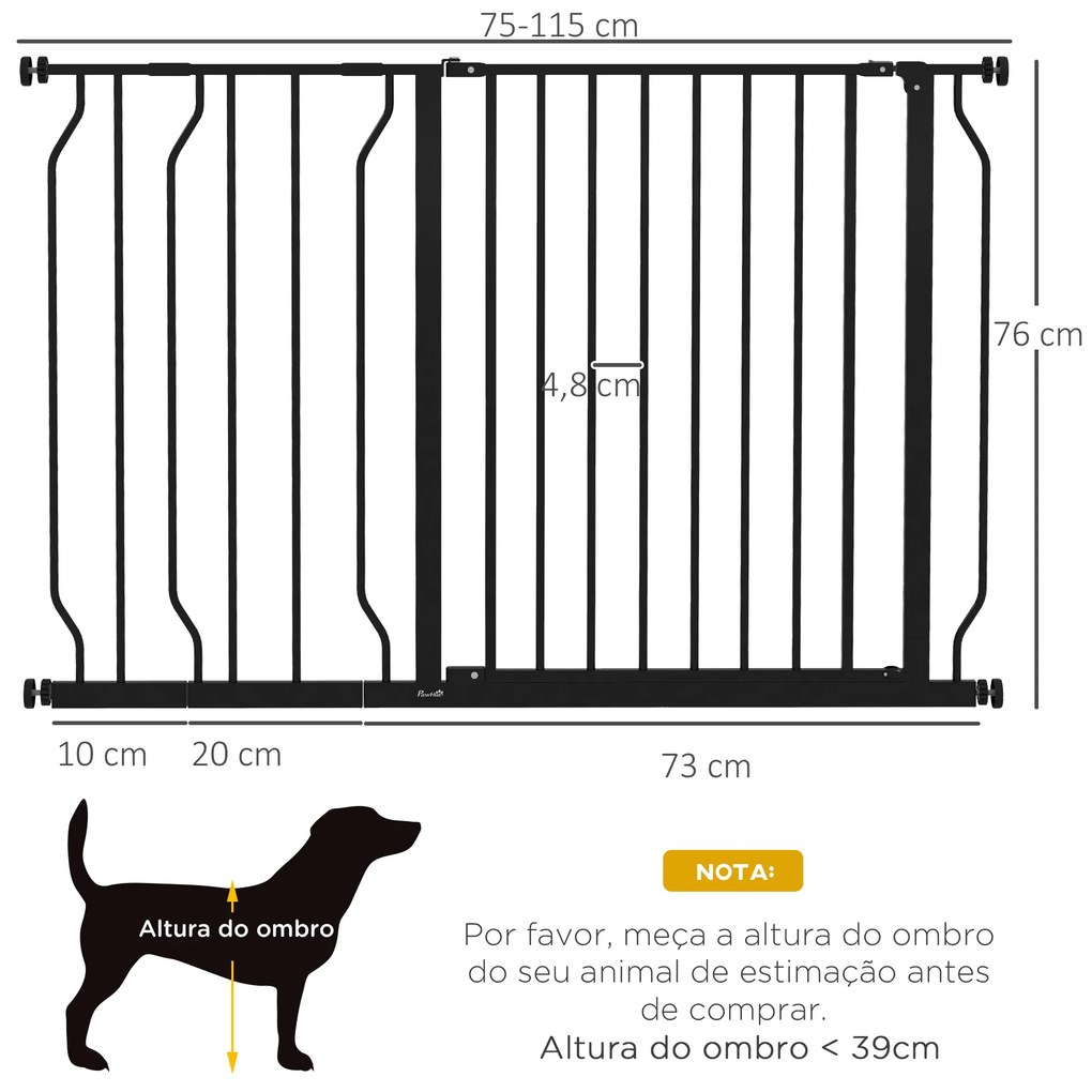 Barreira de Segurança para Cães Extensível para Escadas e Portas 75-115 cm com 2 Extensões e 10-20 cm Altura 76 cm Preto