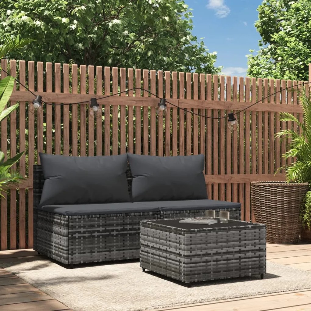 319771 vidaXL 3 pcs conjunto lounge de jardim c/ almofadões vime PE cinzento