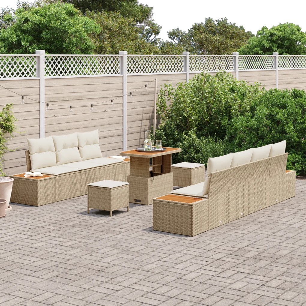 Conjunto de Sofás de Jardim de 10 Peças com Almofadas Bege Rattan Poli