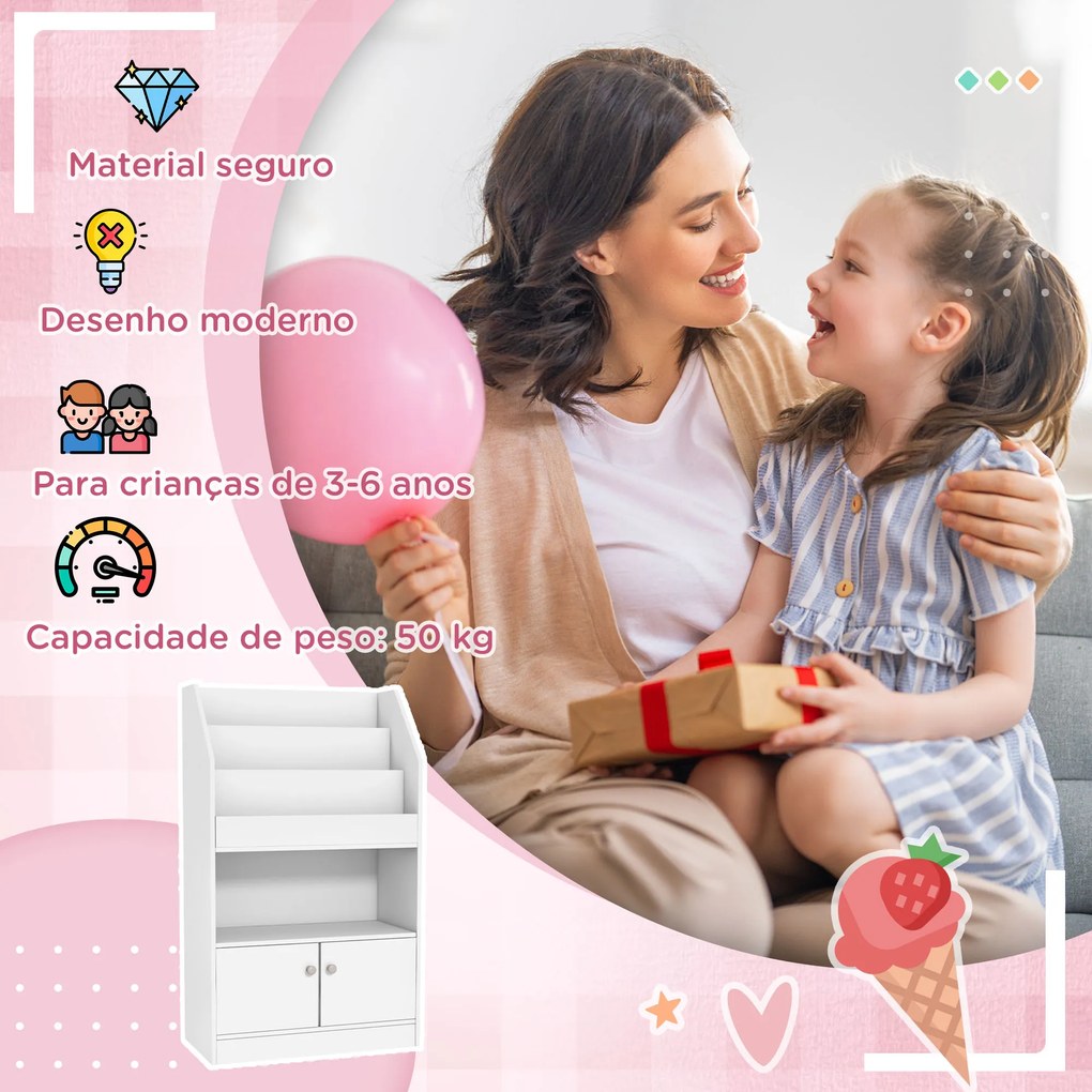 Estante para Brinquedos Infantil Estante para Crianças de 3 a 8 Anos para Brinquedos Sapatos Livros 60x29,5x100 cm Branco