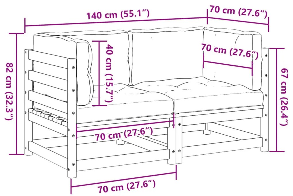 2 pcs conjunto de sofás de jardim c/ almofadões pinho maciço