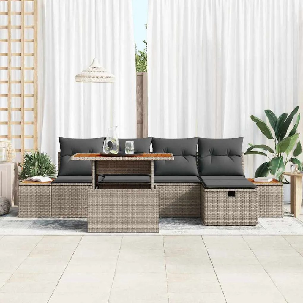 Conjunto de Sofá de Jardim com 6 Peças e Almofadas Cinza em Rattan Sin