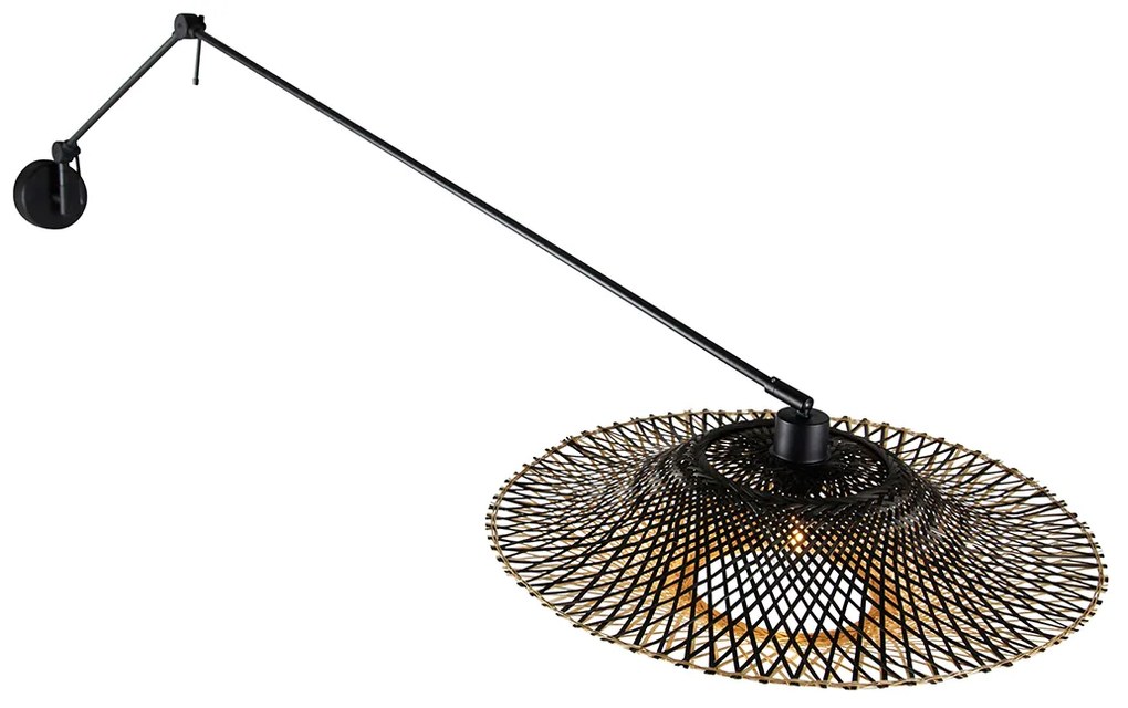 Candeeiro de parede preto com abajur de vime 50 cm ajustável - Blitz Oriental