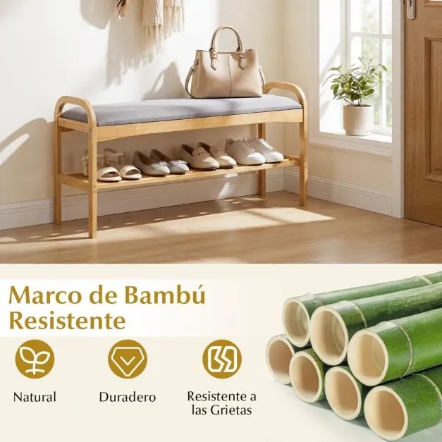 Banco sapateira 100,5 x 31 x 51 cm com almofada de bambu e estante de arrumação para entrada, corredor ou quarto cinzento