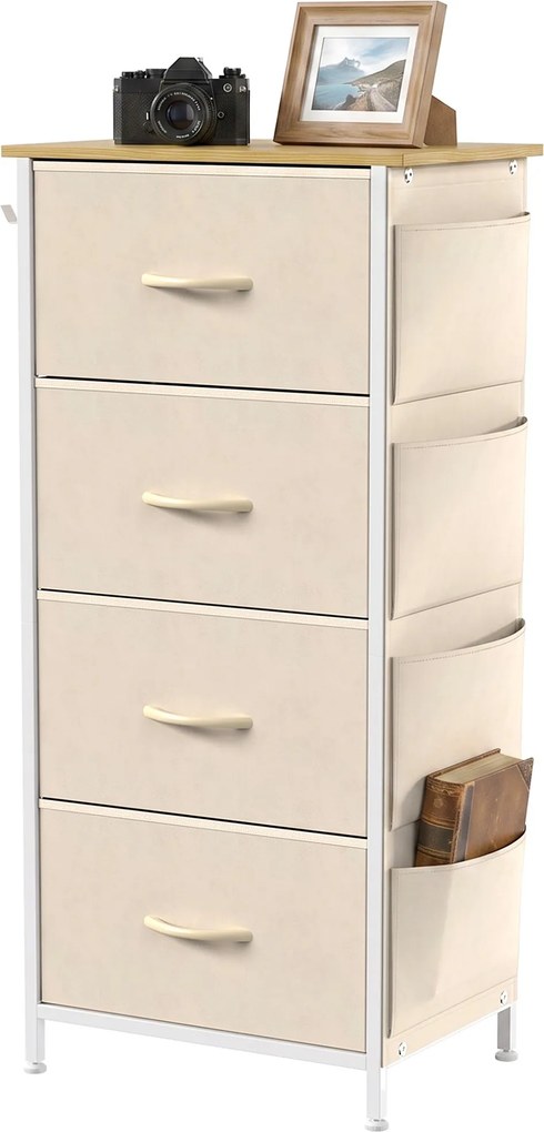 Cómoda de Quarto com 4 Gavetas tecido, 45 x 30 x 94,5 cm, Estrutura em Aço, Bege