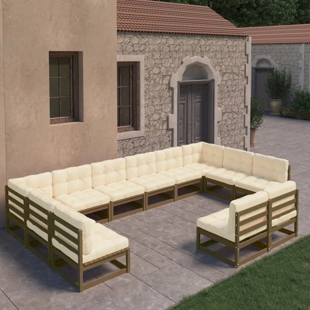 vidaXL 12pcs conj. lounge jardim almofadões pinho maciço castanho mel