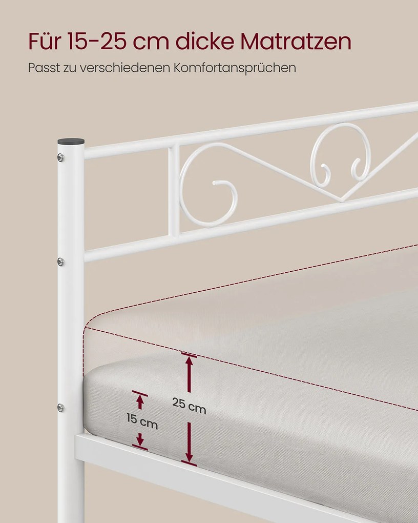 Cama 90 x 200 cm em metal (colchão não incluido), montagem simples, branco mate