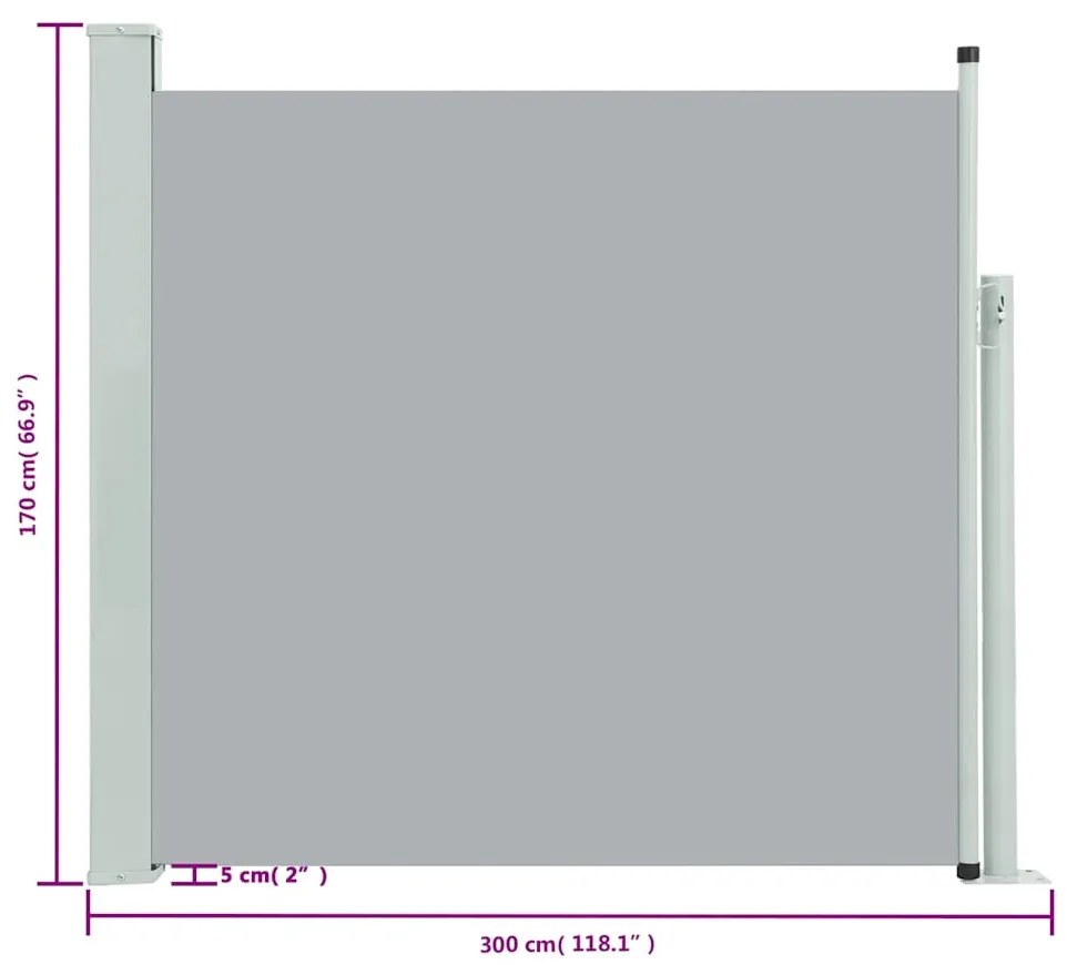 Toldo lateral retrátil para pátio 170x300 cm cinzento