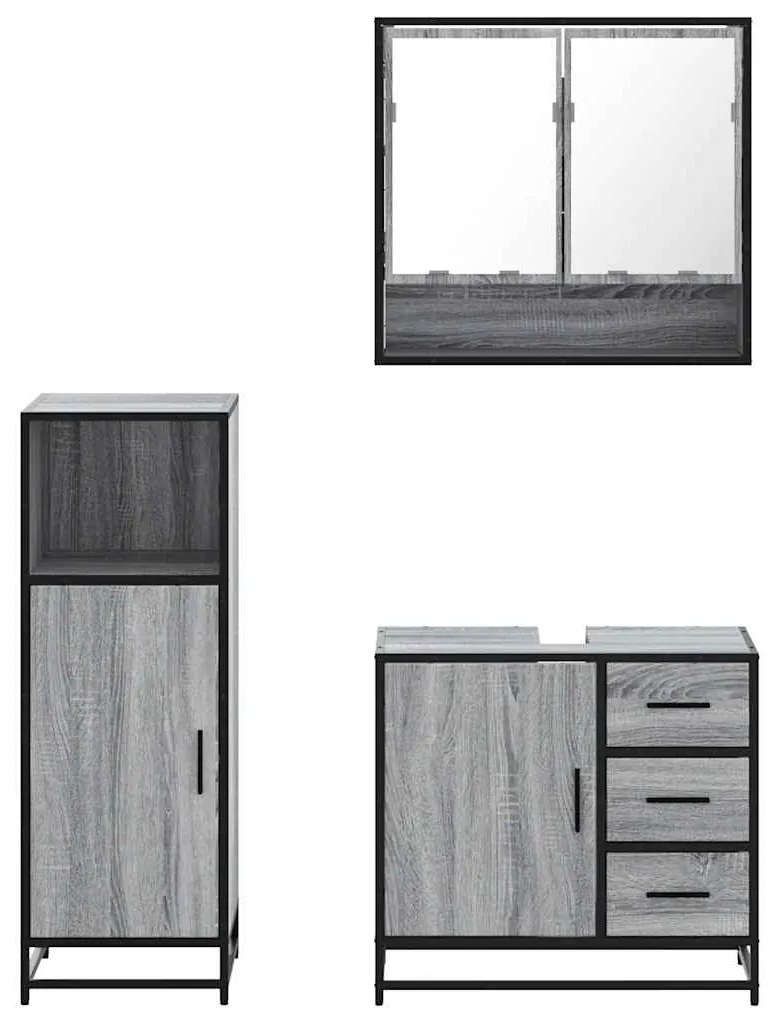 3 pcs Conjunto móveis casa de banho madeira proc. cinza sonoma
