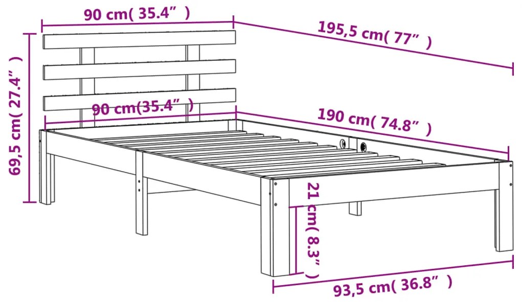 Estrutura cama c/ cabeceira 90x190 cm pinho maciço castanho-mel