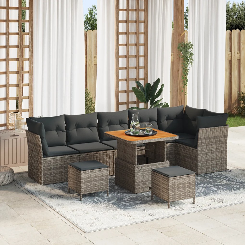 Conjunto de Sofá de Jardim de 9 Peças com Almofadas Cinzas em Rattan P