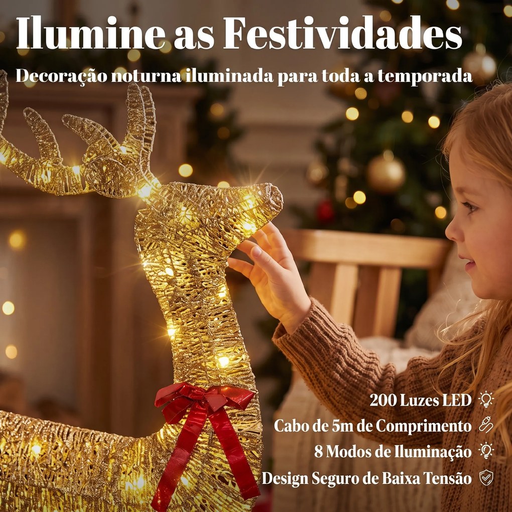 Conjunto de 3 Peças com Renas de Natal Iluminadas, 200 LED Branco Quente, 8 Modos e Temporizador Diário