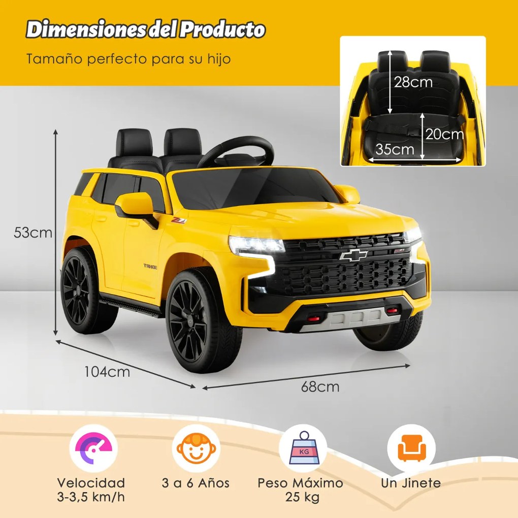 Carro elétrico com bateria de 12V Chevrolet Tahoe para crianças SUV com controlo remoto 2.4G Luzes de suspensão de mola Música Amarelo