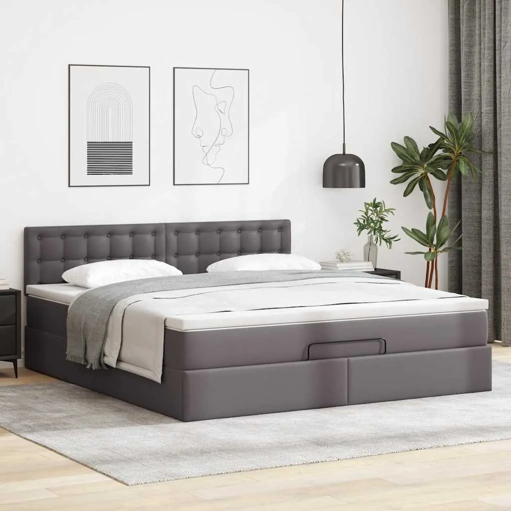 Estrutura de cama otomana com colchão cinza couro falso