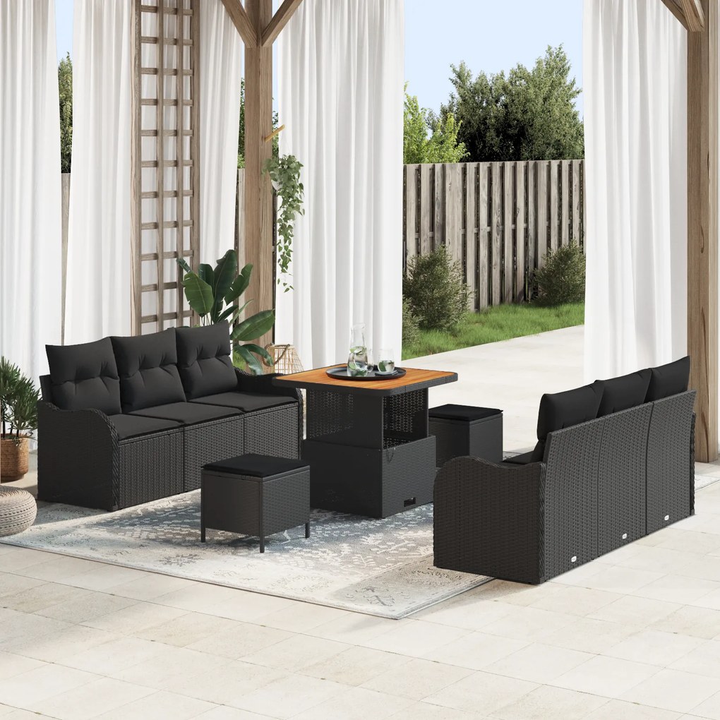 Conjunto de Sofás de Jardim de 9 Peças com Almofadas em Rattan Preto