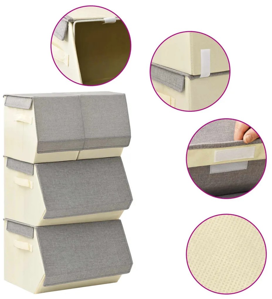 332901 vidaXL Conjunto caixas arrumação empilháveis 4 pcs tecido cinza/creme