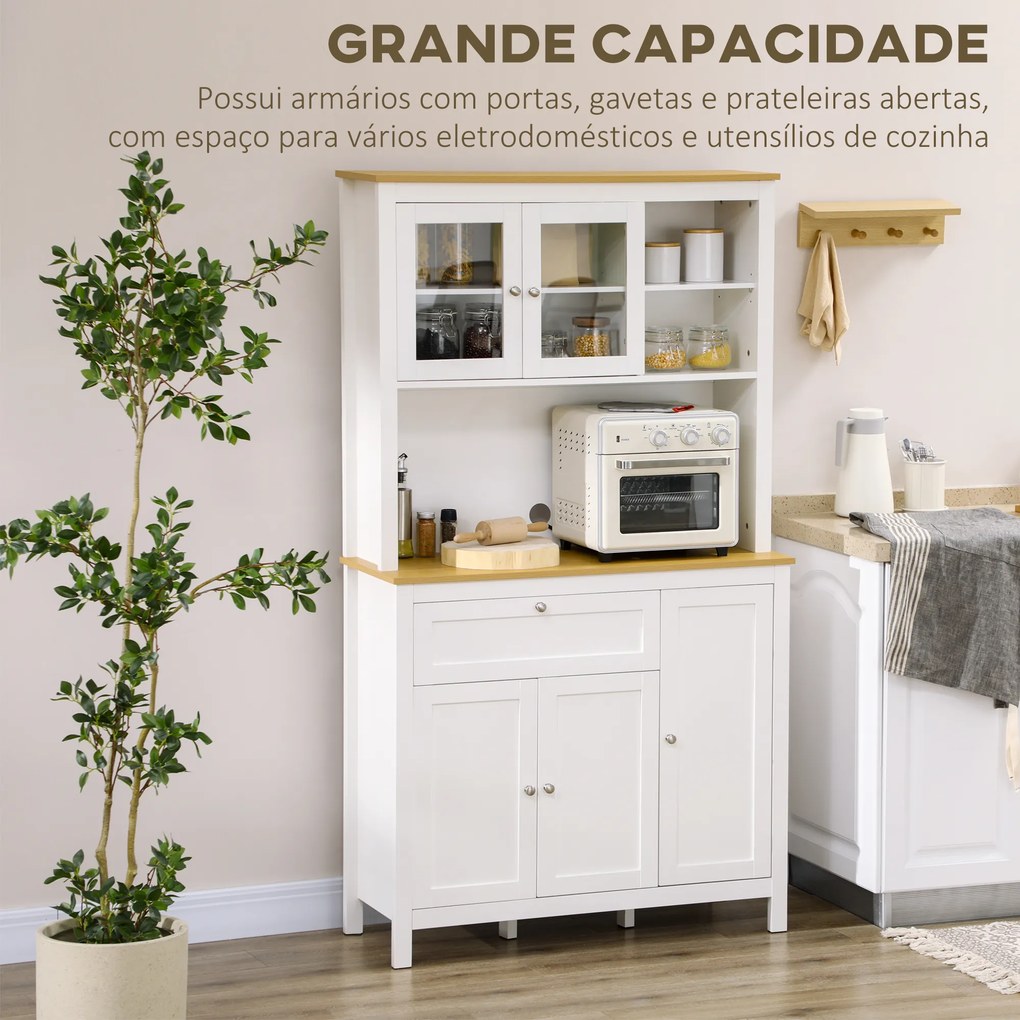 Armário de Arrumação Alto com 5 Portas Prateleiras Ajustáveis para Micro-Ondas 100x40x180 cm Branco e Madeira