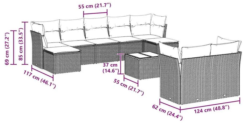 10 pcs conj. sofás jardim com almofadões vime PE cinzento-claro