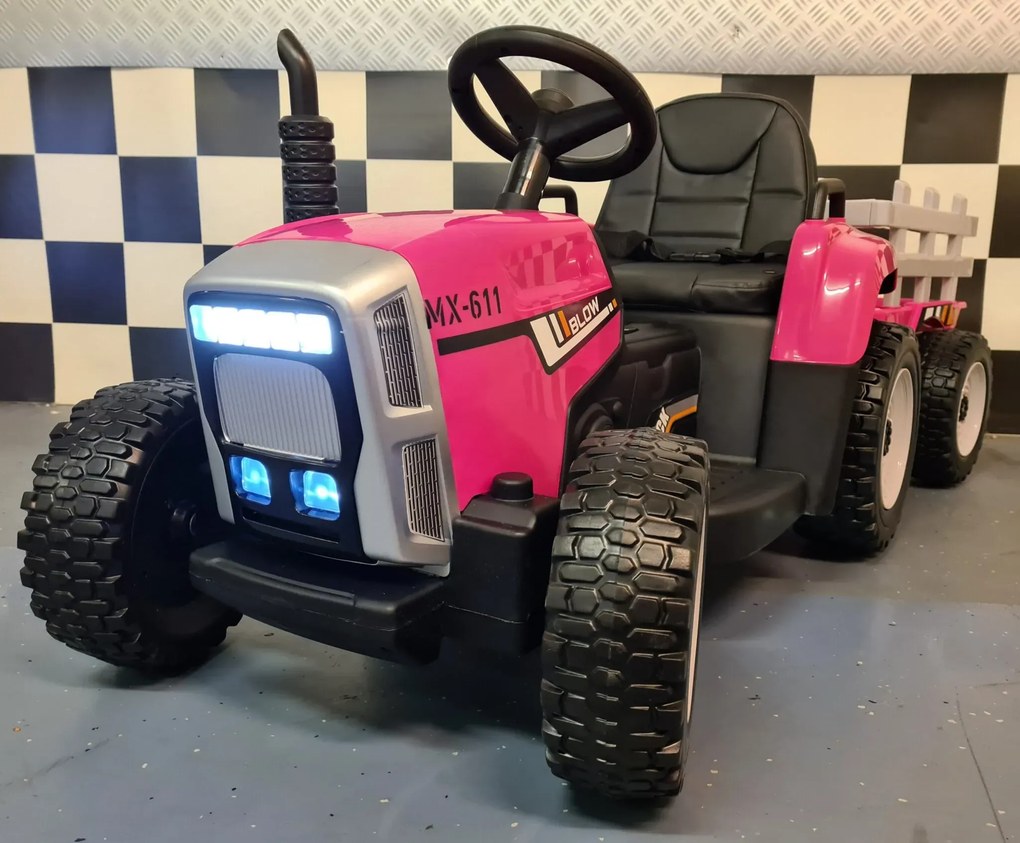 Tractor de bateria para crianças 12 volts, Pneus borracha, banco em pele, com reboque e Comando Rosa