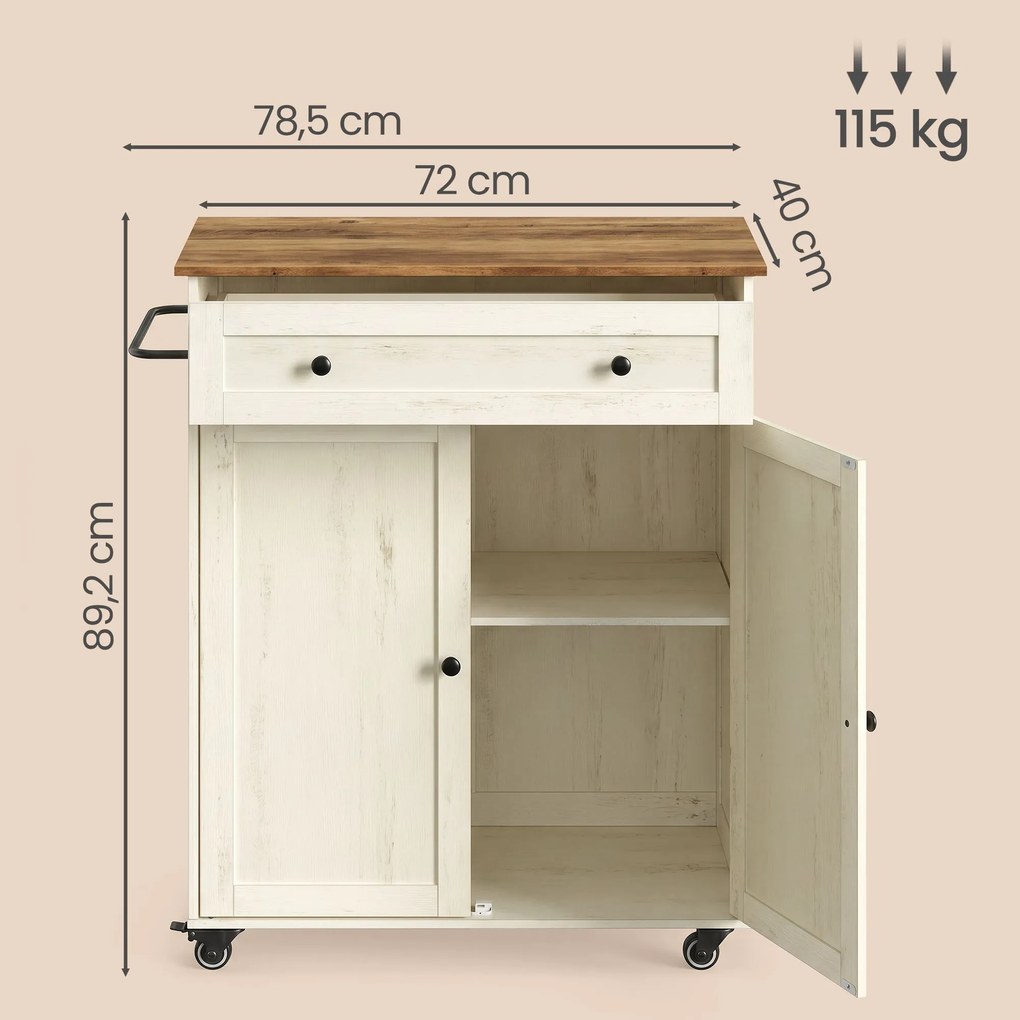 Carrinho de cozinha com armário e gaveta em estilo rústico 78,5 x 40 x 89,2 cm Branco vintage e castanho-mel