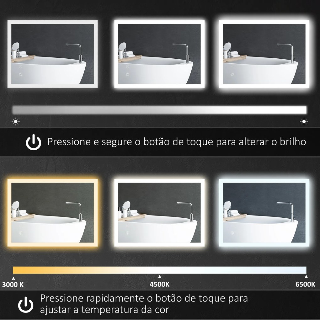 Espelho Casa de Banho com Luzes LED 80x60 cm Função Antiembaciamento 3 Cores Função de Memória e Interruptor Tátil Prata