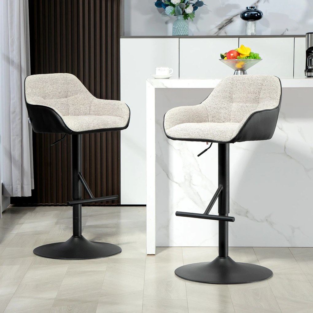 Conjunto de 2 bancos de bar com altura ajustável, tecido com efeito de linho e base em aço, 52,5 x 53 x 86,5-108 cm cinzento claro, preto