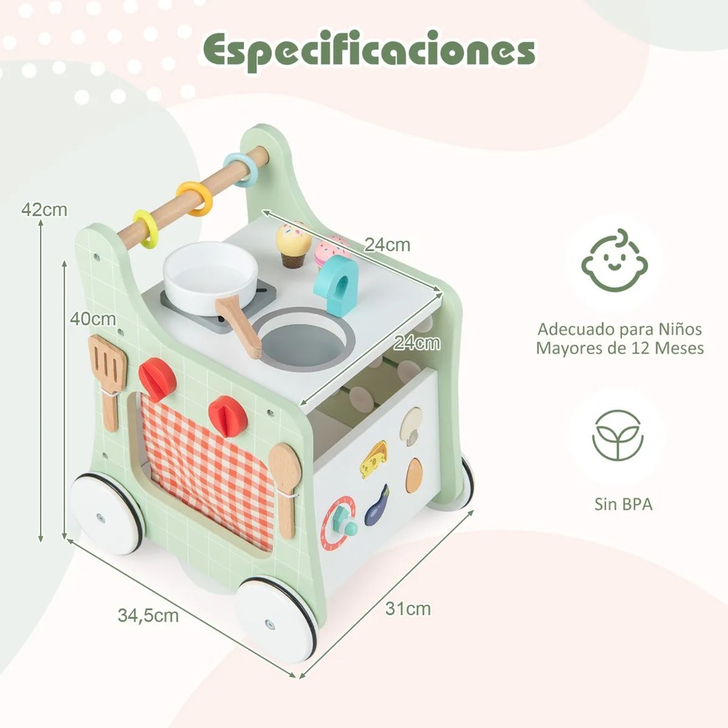 Andarilho de madeira 6 em 1 Centro de actividades de empurrar e puxar 6 em 1 com carrinho de cozinha para bebés com mais de 12 meses Verde