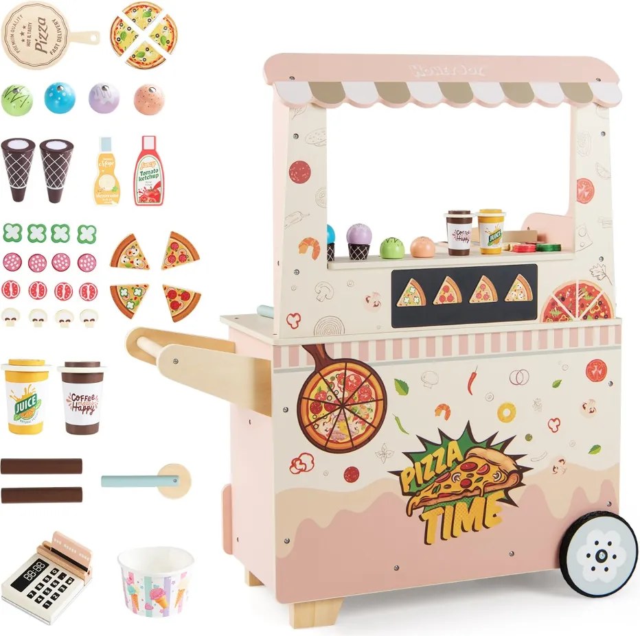 Carrinho de comida infantil em madeira 82 x 33 x 88 cm com forno, quadro magnético, gelataria, máquina de pagamento, tenda móvel com rodas, 3+ anos, r