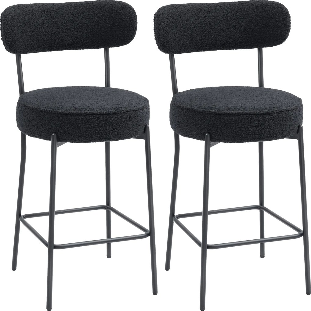 Conjunto de 2 bancos de bar em tecido felpudo, bancos de bar com encosto curvo e apoio para os pés, 49 x 52 x 95 cm, preto