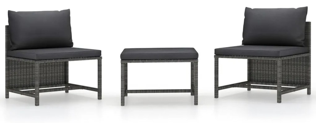 vidaXL 3 pcs conjunto sofás de jardim c/ almofadões vime PE cinzento