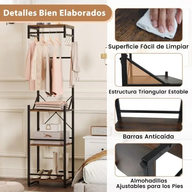 Cabide entrada com 4 prateleiras 40 x 30 x 162 cm, 6 ganchos e 3 barras de metal resistente para entrada, corredor ou quarto Castanho rústico + preto