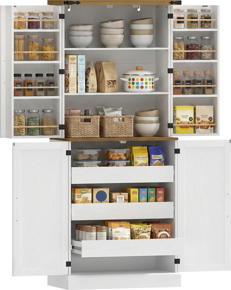 Armário cozinha 76 x 40 x 182 cm 4 portas, 3 gavetas, 8 suportes para prateleiras e prateleiras ajustáveis, 76 x 40 x 182 cm, branco