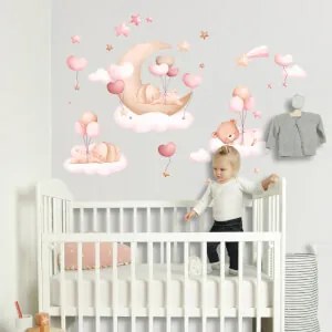 Papel de parede para crianças na parede - Coelhinhos cor-de-rosa no ar